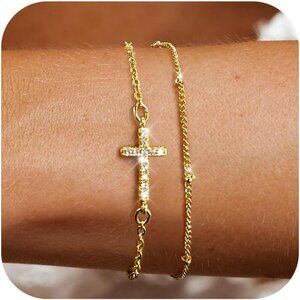 Gold Silver Dainty Cross Stack Bracelets for Women Adjustable 14K Faith Jewelry